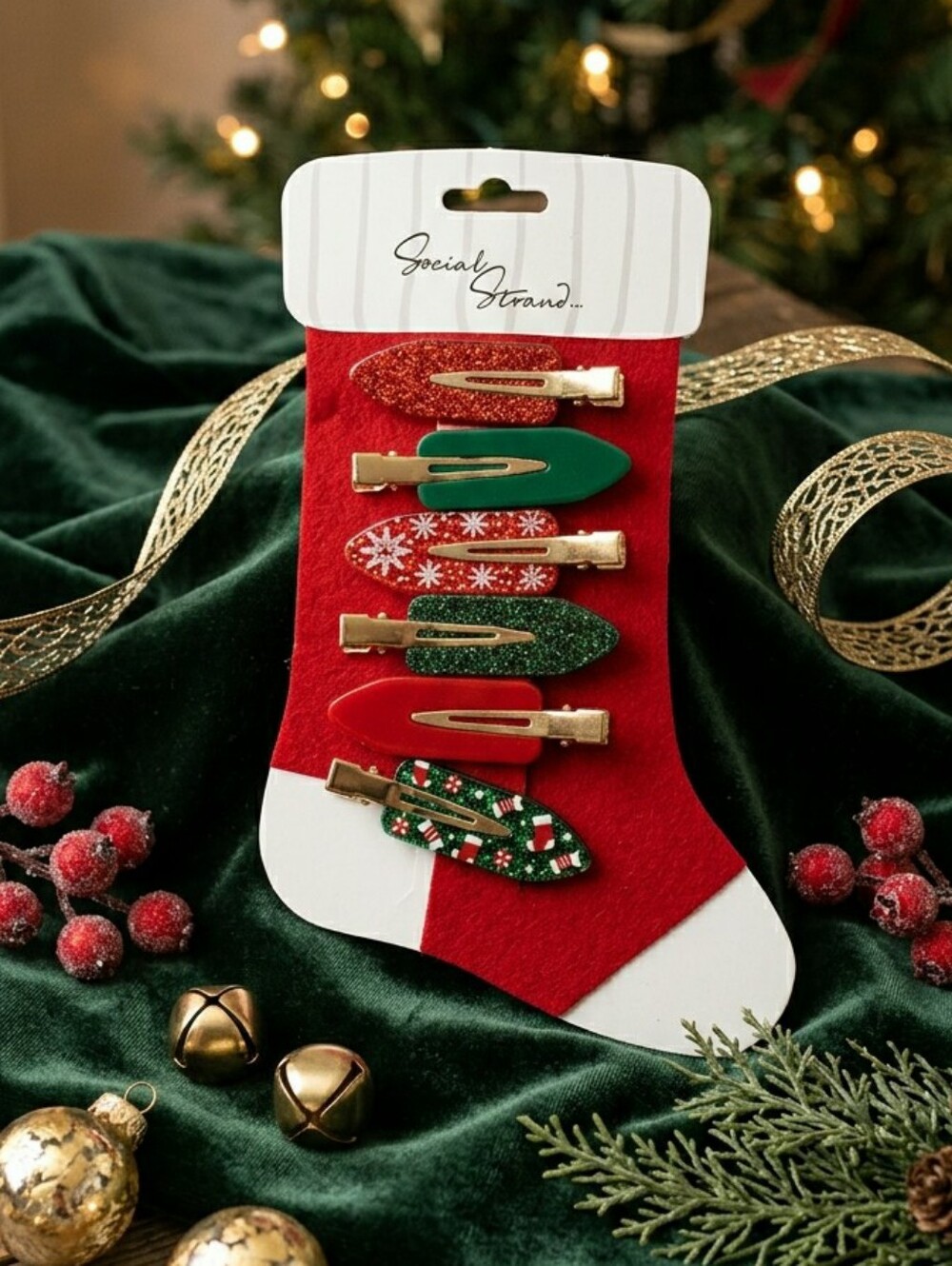 Social Strand Christmas Hair Clips - Red & Green Holiday Set